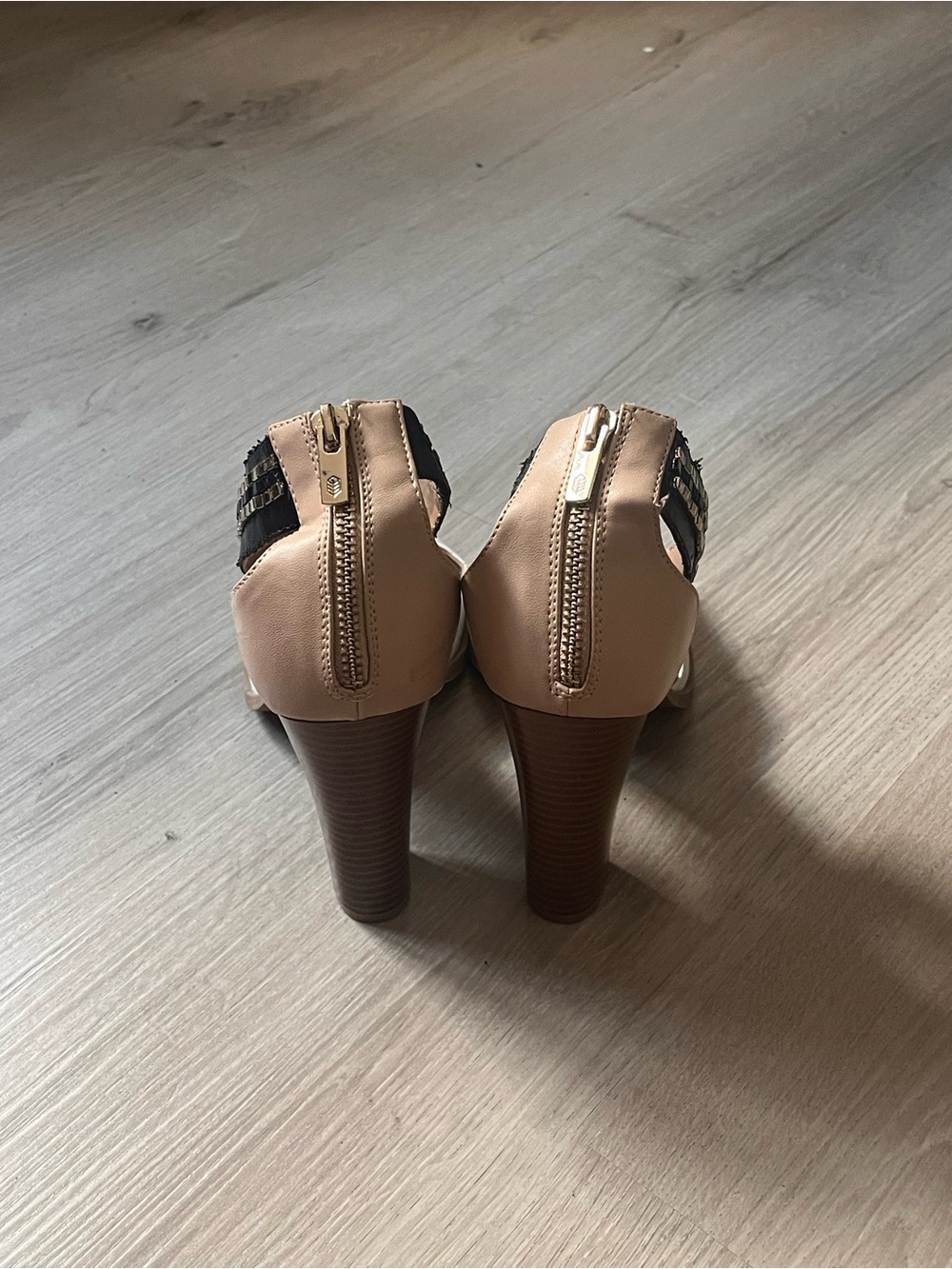 Call It Spring Block Heel Silver Studded Ankle Strap - Beige with Black Stripes - Picture 2 of 2